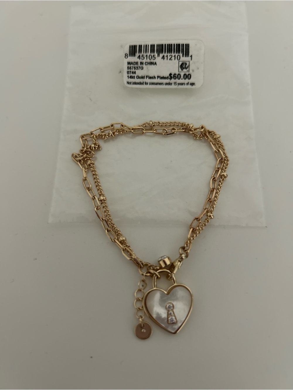 14 k Gold plated Heart Pendant Layered Bracelet with Mother-of-Pearl Accent